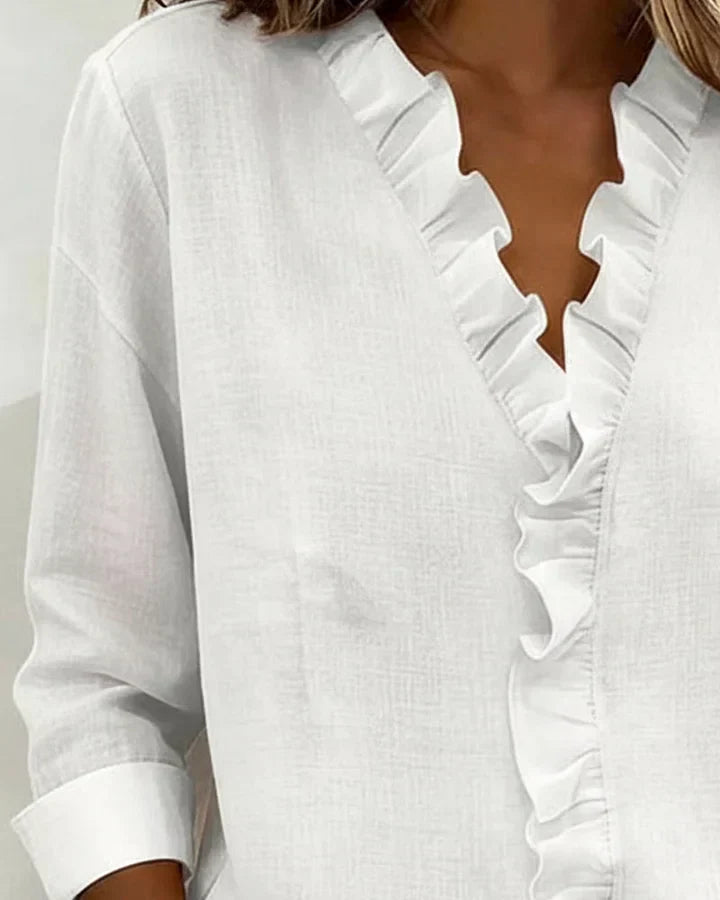Elena | Blouse with Ruffles, V-Neck and Long Sleeves