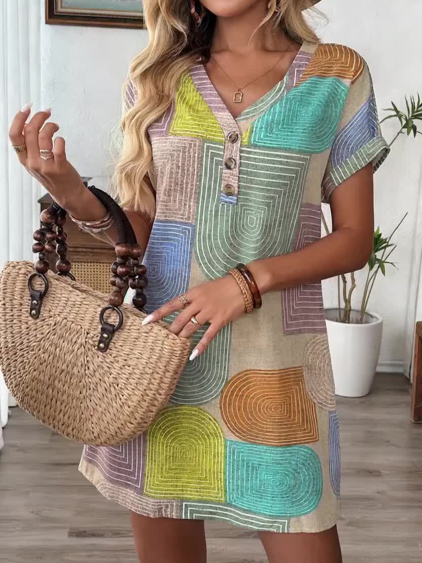 Elegant V-Neck Buttoned Patchwork Print Knee-Length Bodycon Dress |