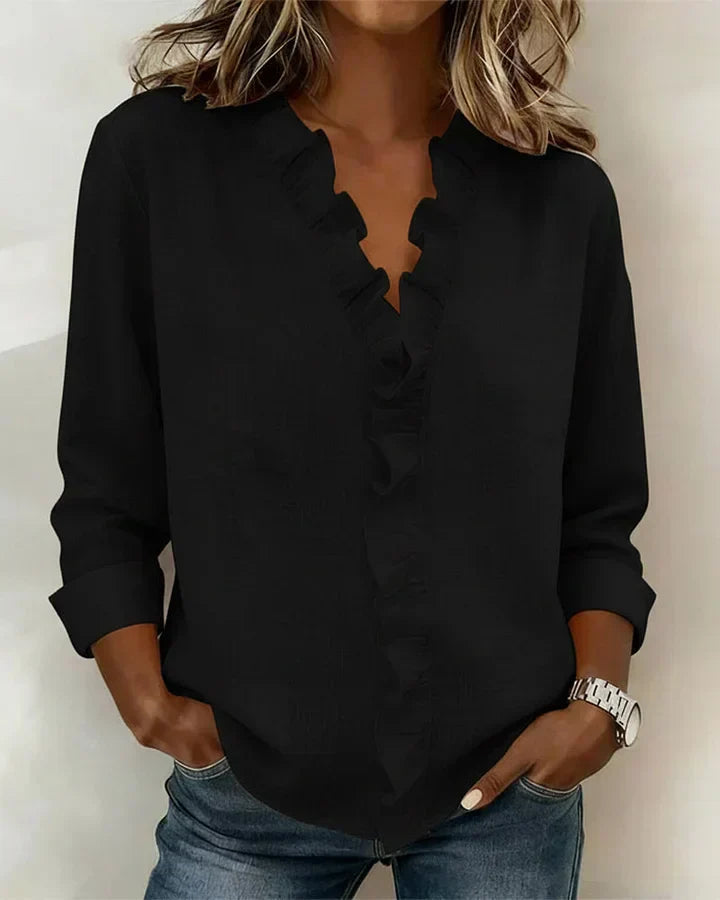 Elena | Blouse with Ruffles, V-Neck and Long Sleeves