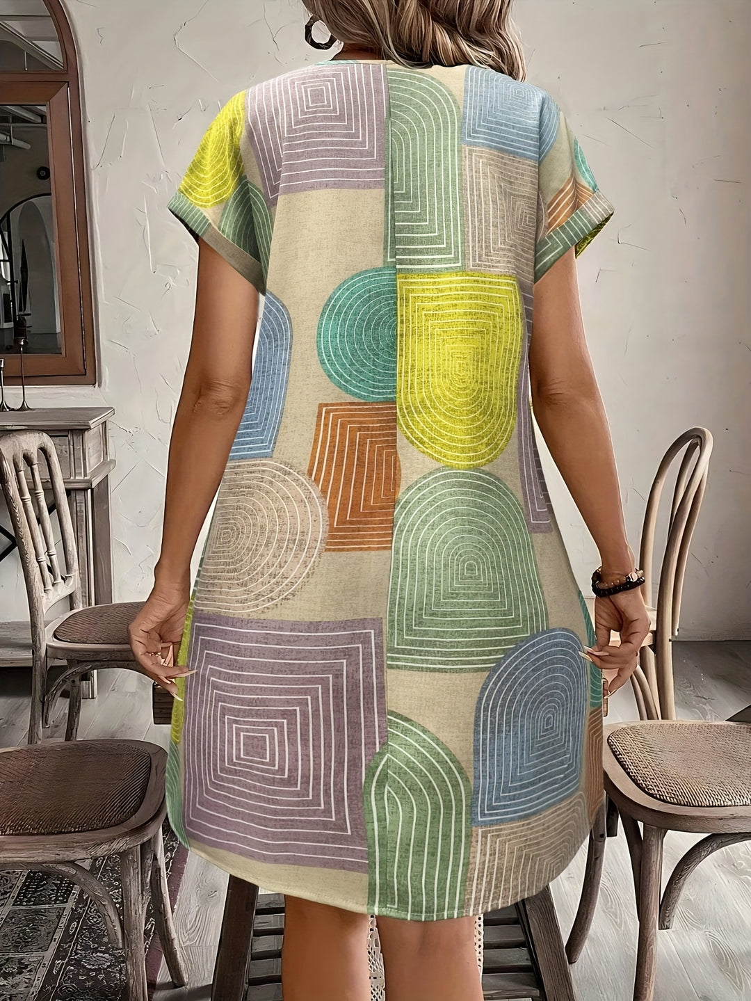 Elegant V-Neck Buttoned Patchwork Print Knee-Length Bodycon Dress |
